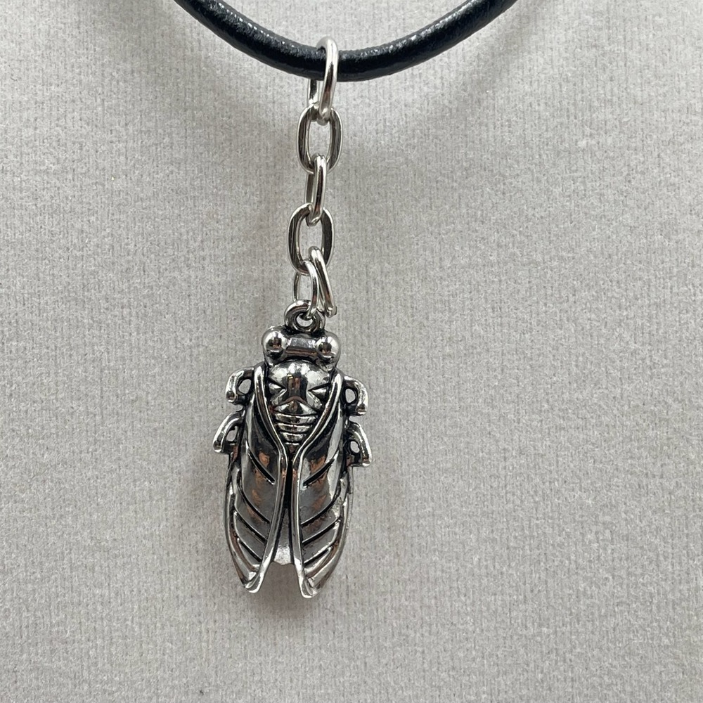 Vintage Black Leather Choker Silver-Toned Scarab Beetle Necklace - Size 17"